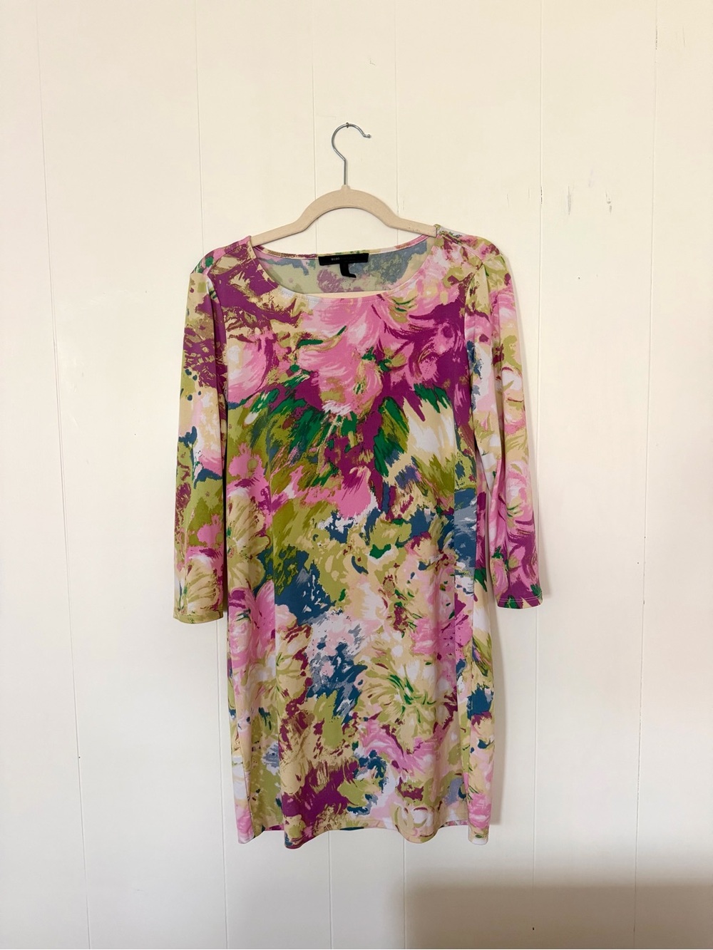BCBGMaxAzria Pink and Green Floral Long-Sleeve Shift Dress